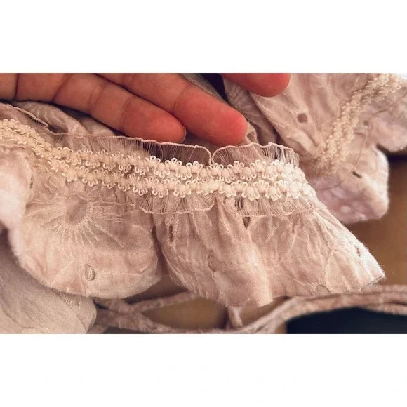 POL Anthropology Women Pink Lace Embroidered Eyelet Crop Top Balloon Sleeves L - Picture 3 of 8